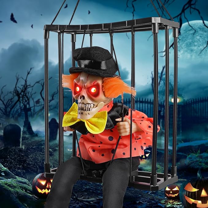 Hanging Decorations, Halloween Decors Prop with Motion Sensor Activated & Light Up Eyes Spooky Scary Cage Ghost Clown Prisoner for Indoor Outdoor Haunted House Decor