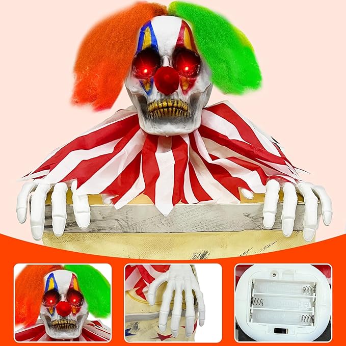 nimated Clown in The Box Sound Activated with Creepy Sound, Bouncing Head, LED Eyes, Wearing The Stars and Stripes for Halloween Prop Indoor Outdoor Decorations