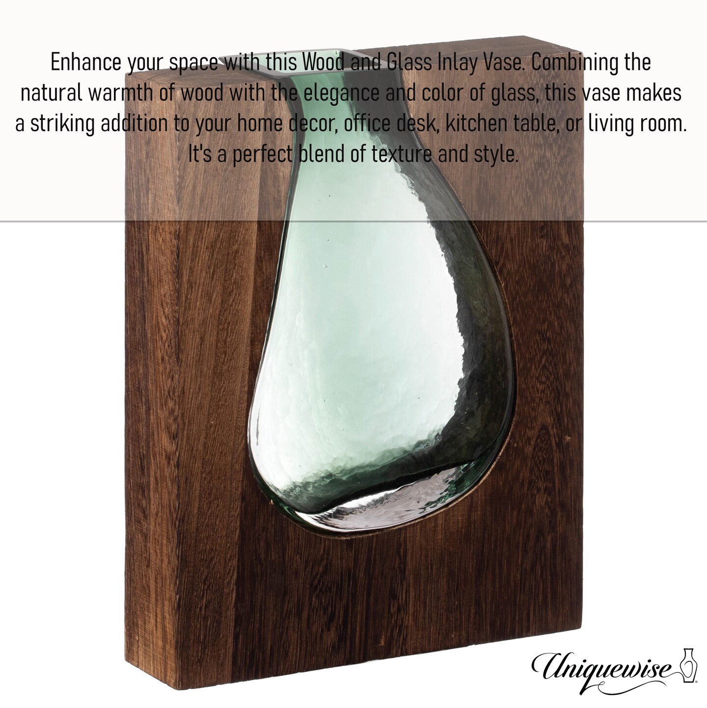 Pair of 10 and 12-Inch Wood and Glass Inlay Vases - Merging the Natural Warmth and Texture of Wood with the Elegance and Color of Glass, Perfect for Enhancing Home Decor, Office Desk and Kitchen Table