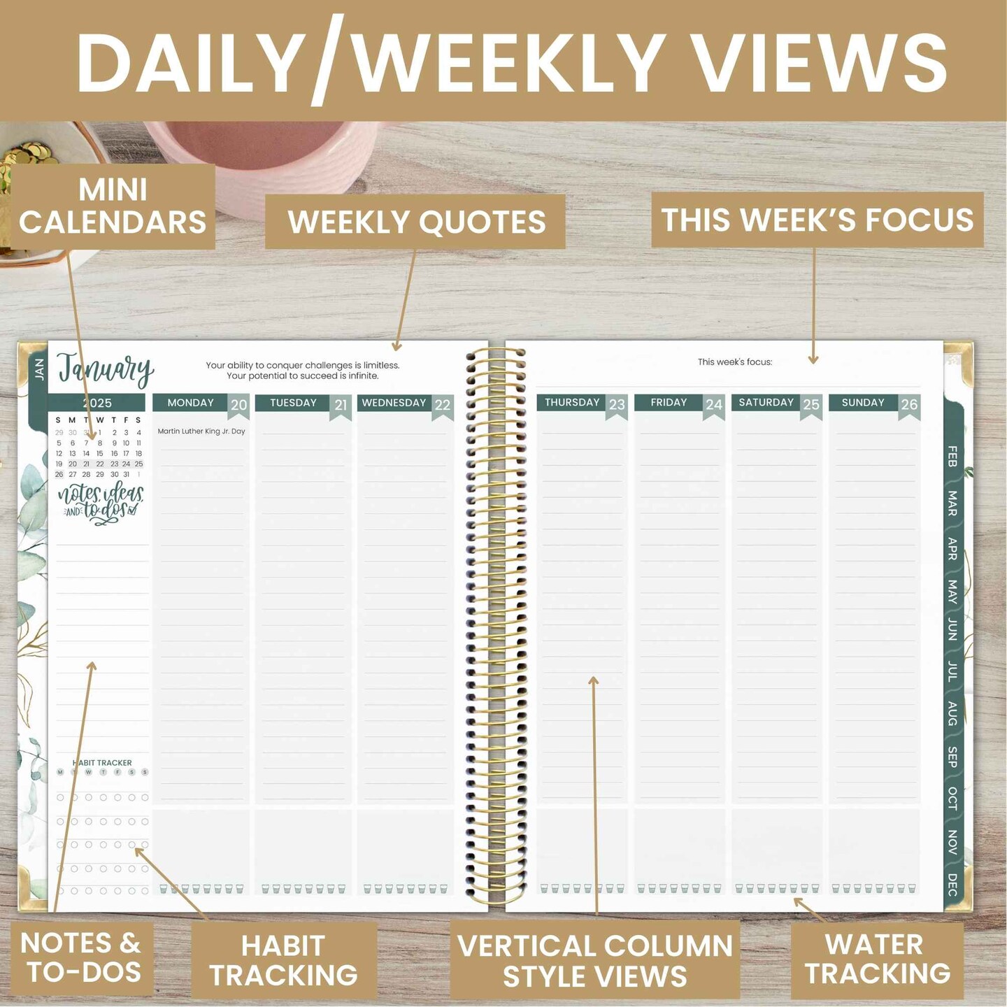 bloom daily planners 2025 Vision Planner, 7.5&#x22; x 9&#x22;, Eucalyptus, White