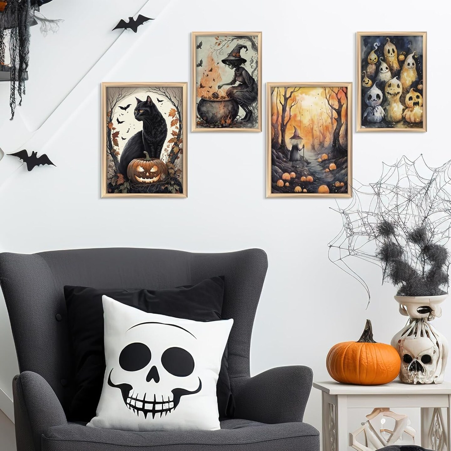 Vintage Halloween Wall Art Unframed Cute Witch Cat Pumpkin Halloween Poster Dark Academia Gothic Wall Decor Creepy Aesthetic Halloween Pictures Print for Bedroom Gallery Wall Home Decor