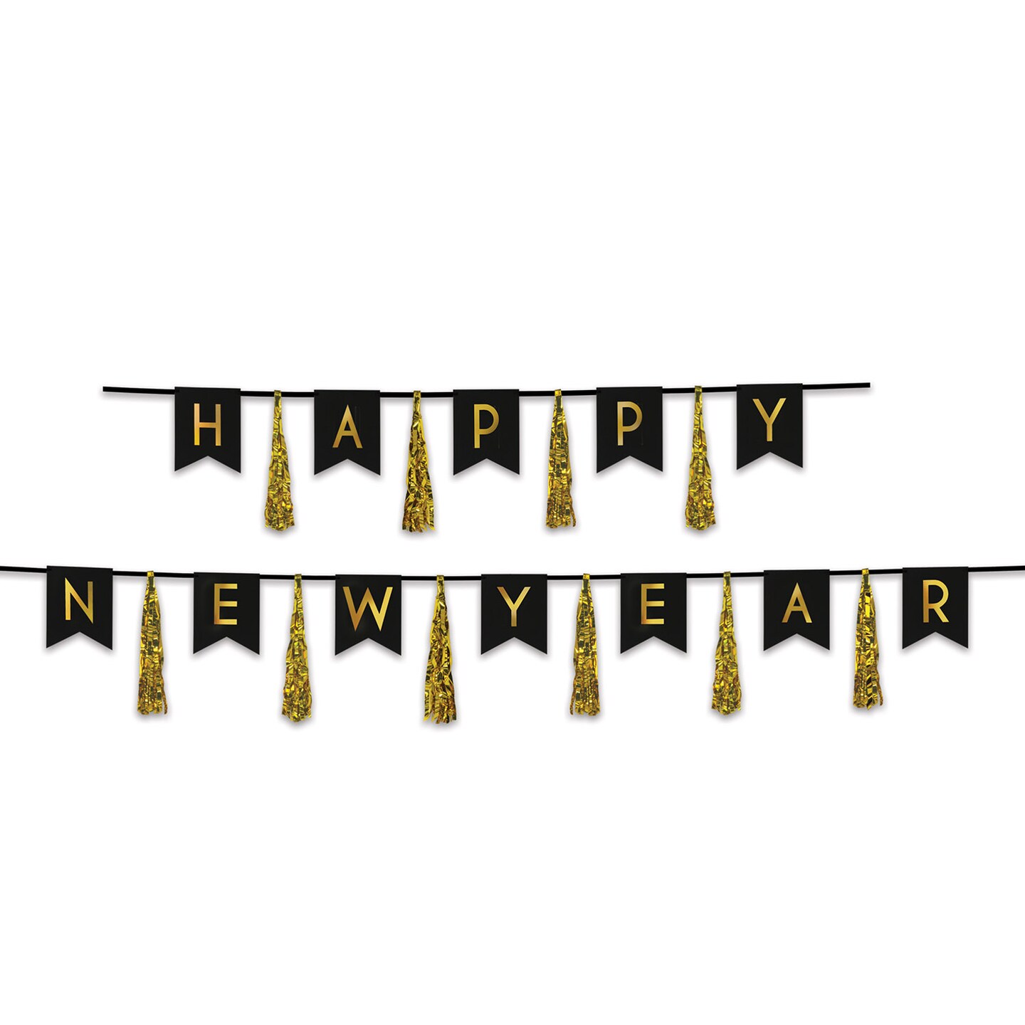 Beistle 13in. x 6Feet and 13in. x 9Feet Black Happy New Year Tassel Streamer - 12 Pack