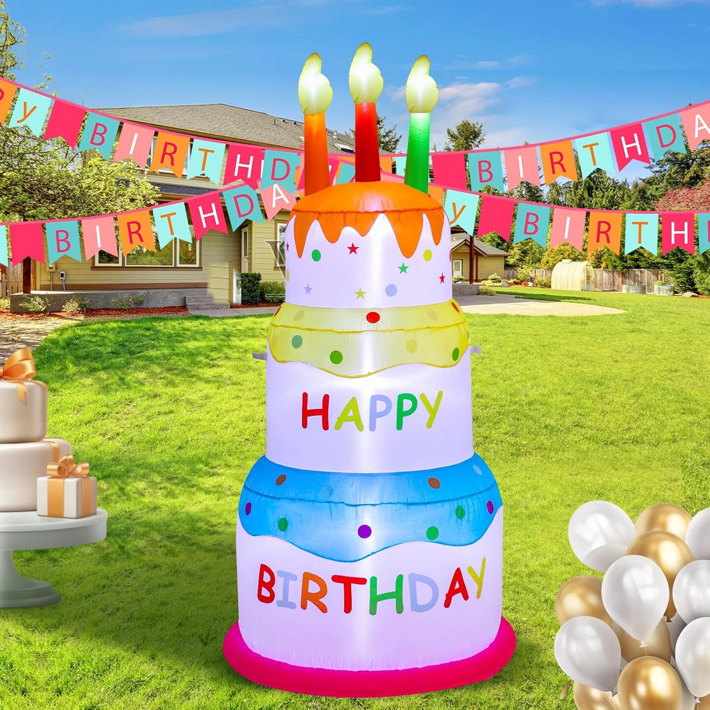 6Ft Inflatable Happy Birthday Cake Decorations Outdoor Lighted Blow Up Holiday Birthday Party Decor with Candles for Happy Birthday Party Outdoor Indoor Garden Yard Signs