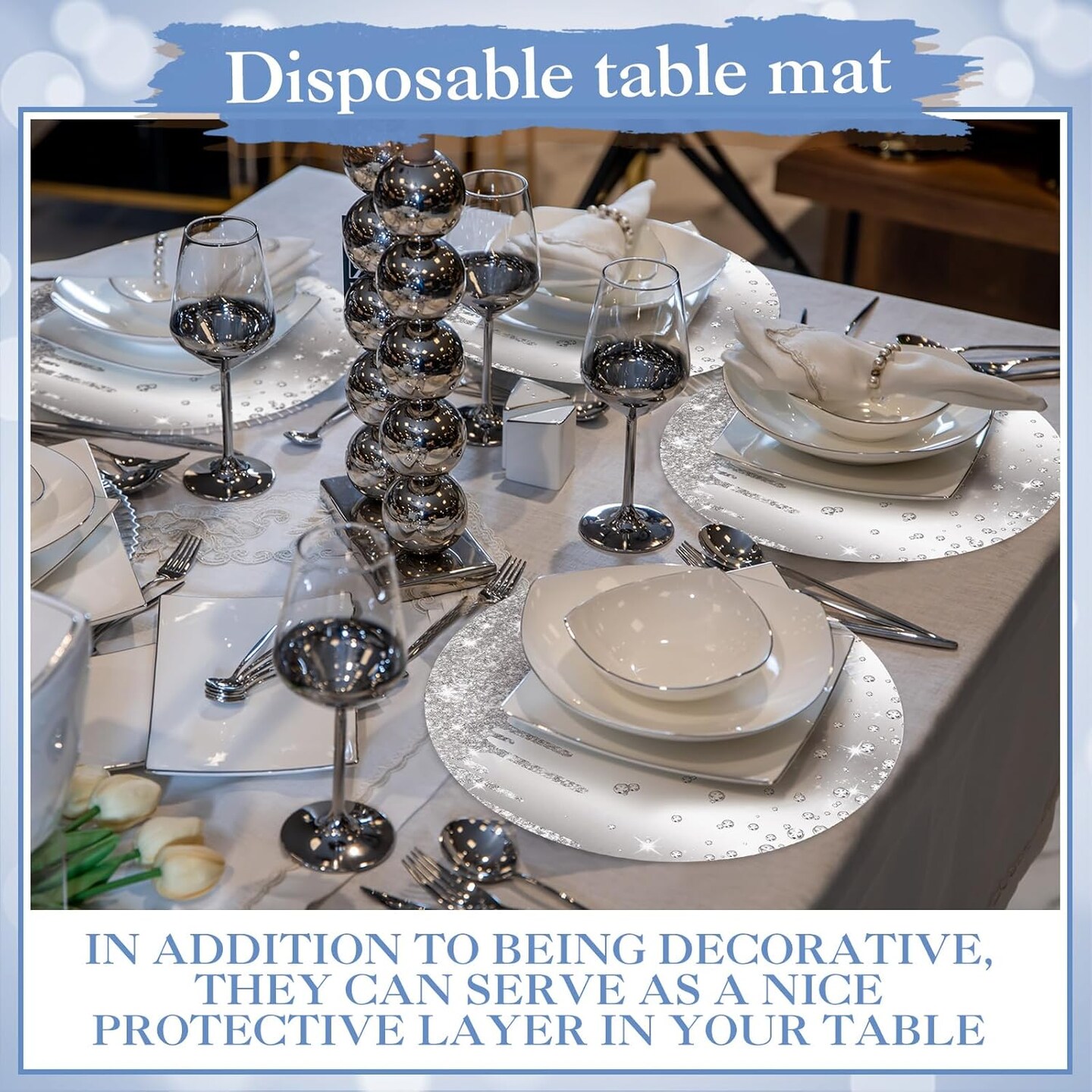 120 Pieces Silver Paper Placemats Glitter Diamonds Round Disposable Table Mats Decorative Paper Mats for Dining Wedding Birthday Silver Glitter Banquet Party, 11.8 Inch