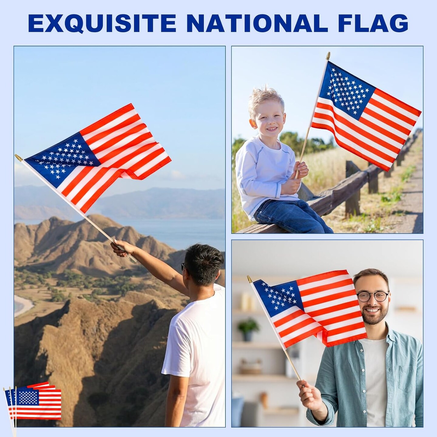 12 Pack US American Stick Flags Small 12x18 Inch USA Hand Held Flags with 24 Inch Wooden Pole for Yard,July 4th,Veteran Party,Memorial Day, Independence Day Decoration