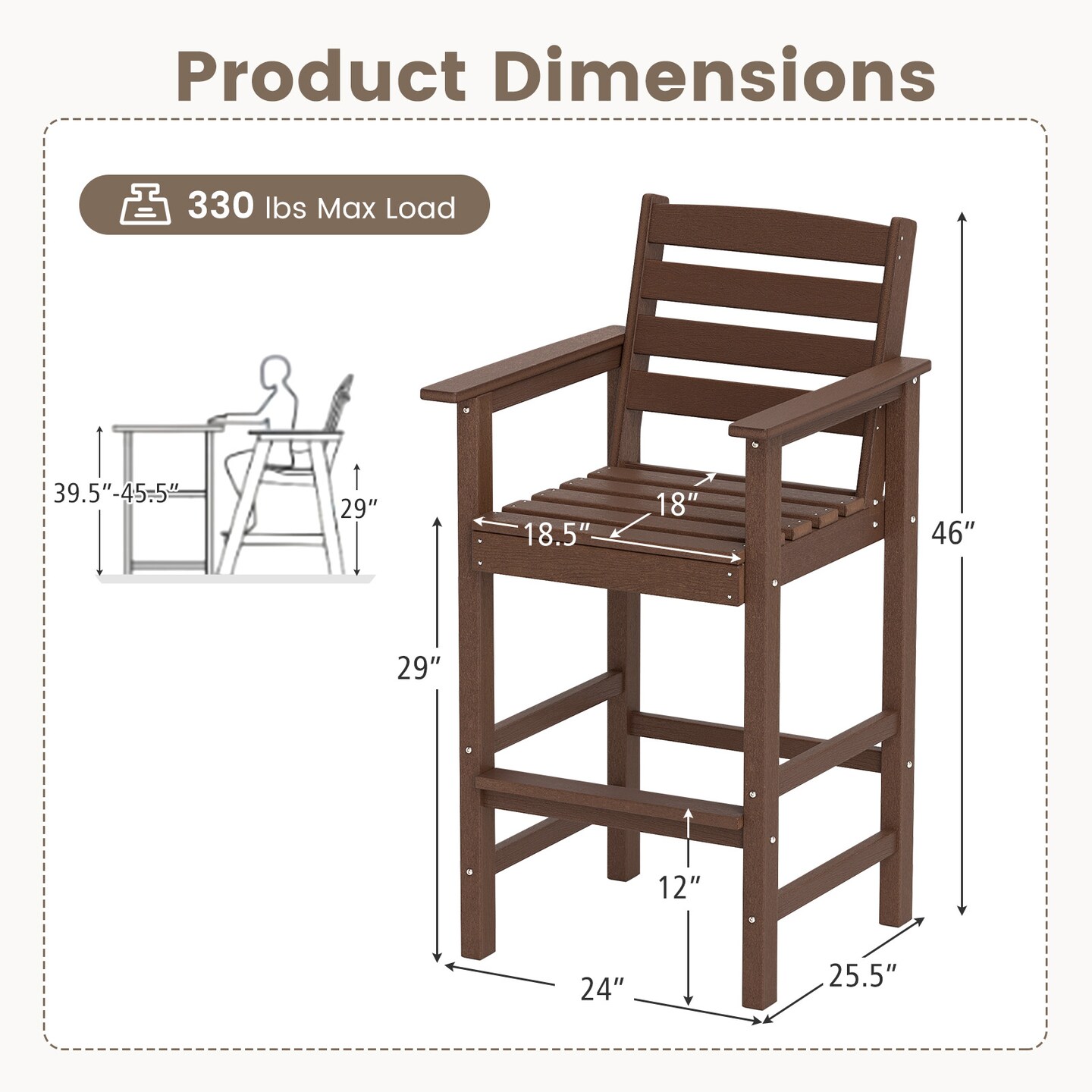 Set of 2 Patio HDPE Adirondack Bar Chairs with Wide Armrests and Inclined Backrest Perfect for Outdoor Use