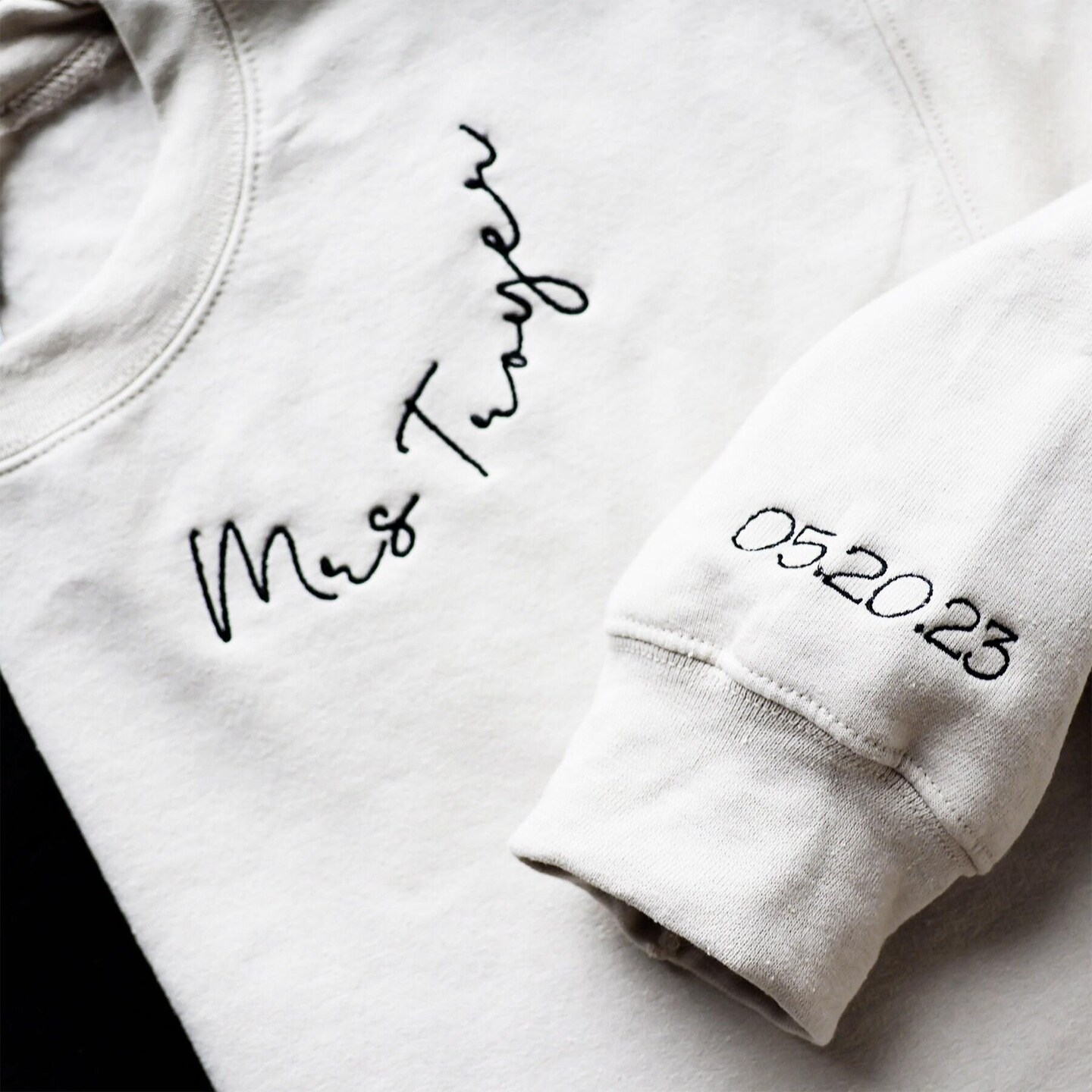 Custom Embroidered Mrs Sweatshirt with Date, Engagement Gift, Bride to Be, Honeymoon Gift, Emboss, Custom Sweatshirt, Wife, Wedding Photo