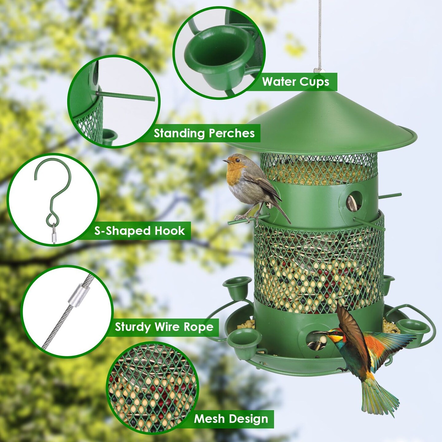 Wild Bird Feeder Squirrel-Proof Chew-Proof Metal Bird Seed Feeder Outdoor Hanging Bird Feeder With 360&#xC2;&#xB0; Circular Perches Water Cups For Yard Garden Patio