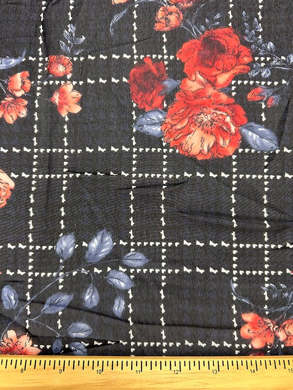 Red Floral Plaid Print Poly Chiffon Fabric By the Yard