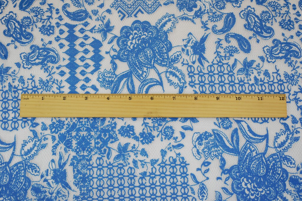 Cobalt Blue-White Poly Cotton Floral Multi Pattern Lace Mesh Knit Fabric By the Yard