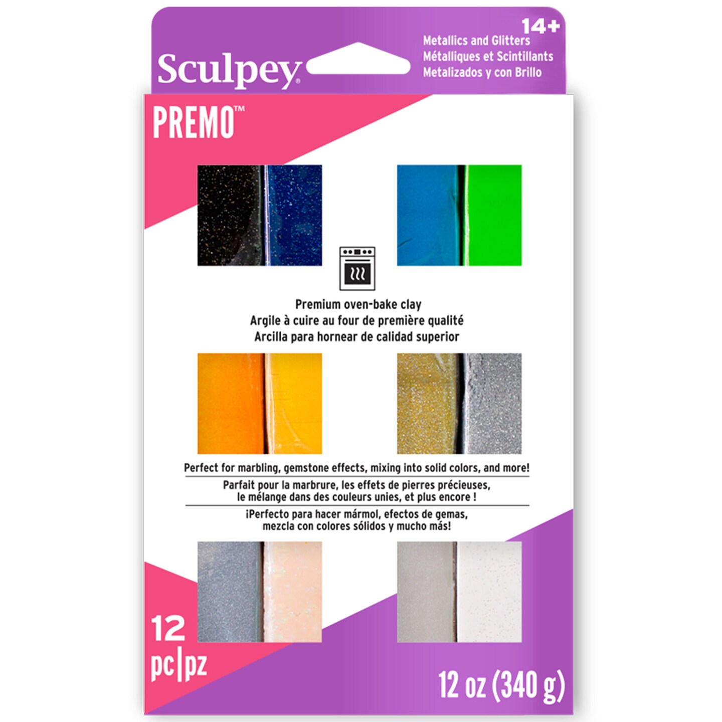 Sculpey Premo: Multipack - Metallics + Glitters - 12 Colors, 1oz Bars, Sampler Pack, Non-Toxic, Sculpt-Model Projects, Adult Arts-Crafts Supplies