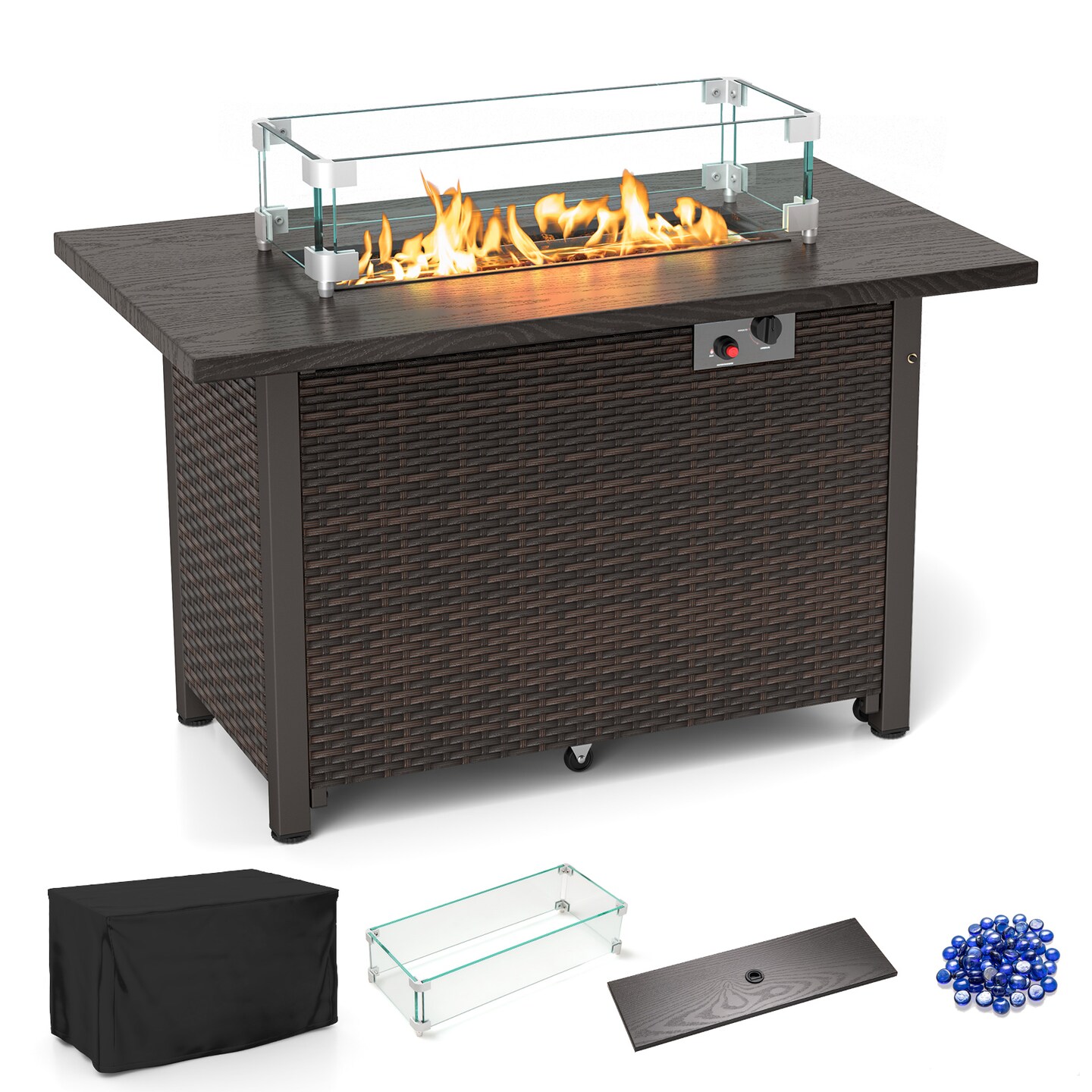 2-in-1 Propane Gas Fire Pit Table with Glass Rack and Stainless Steel Burner Ideal for Outdoor Parties