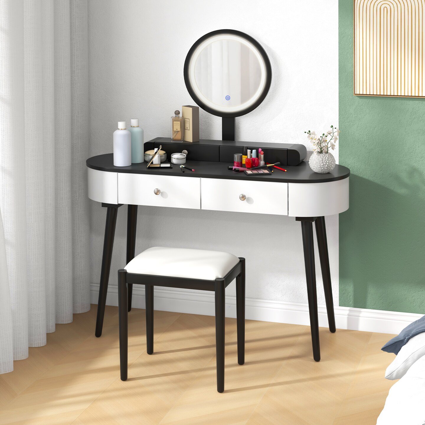 LED Lighted Vanity Table Set with Adjustable Mirror &#x26; Cushioned Stool