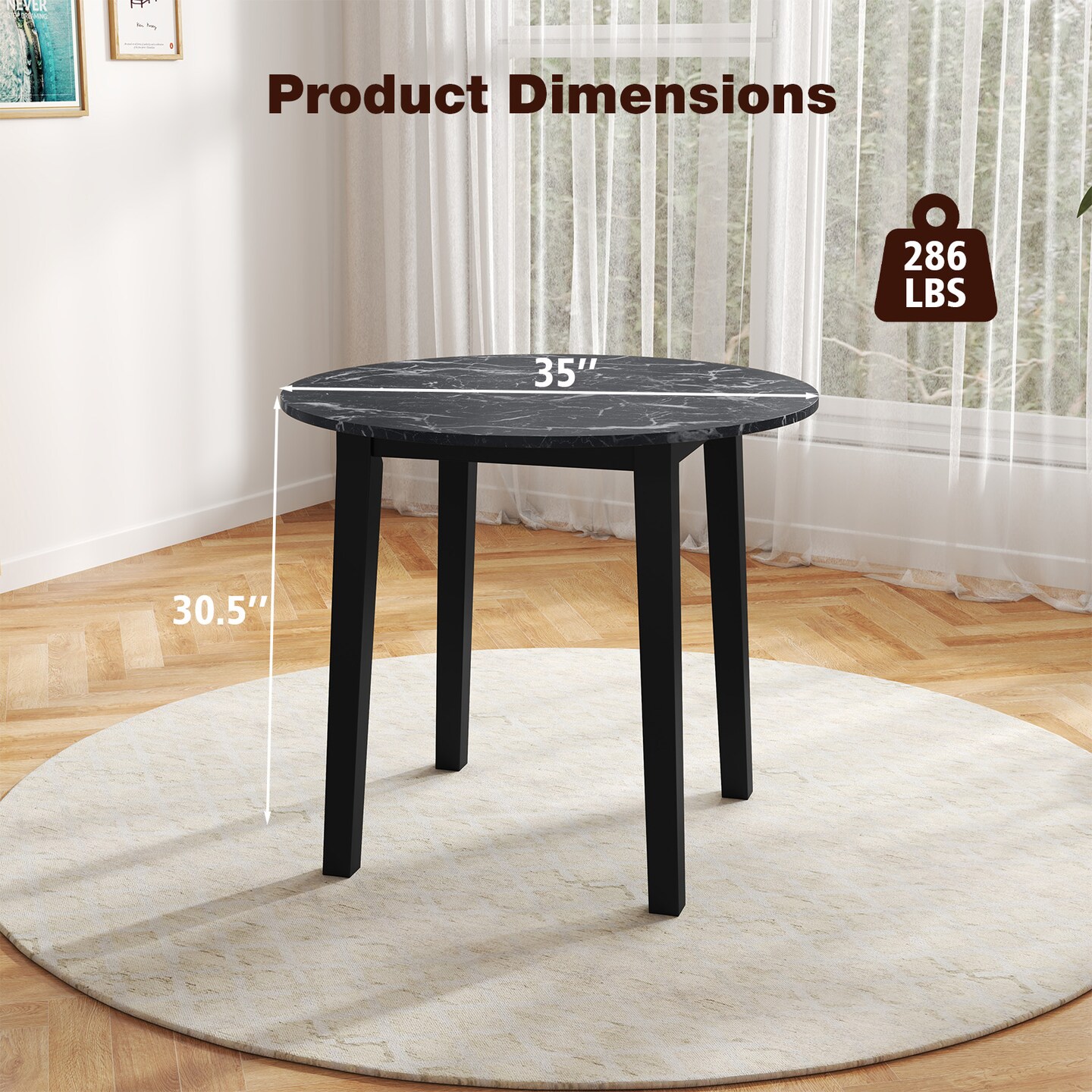 Rubber Wood Round Dining Table with Marble Top, Safe Corners and Easy Assembly