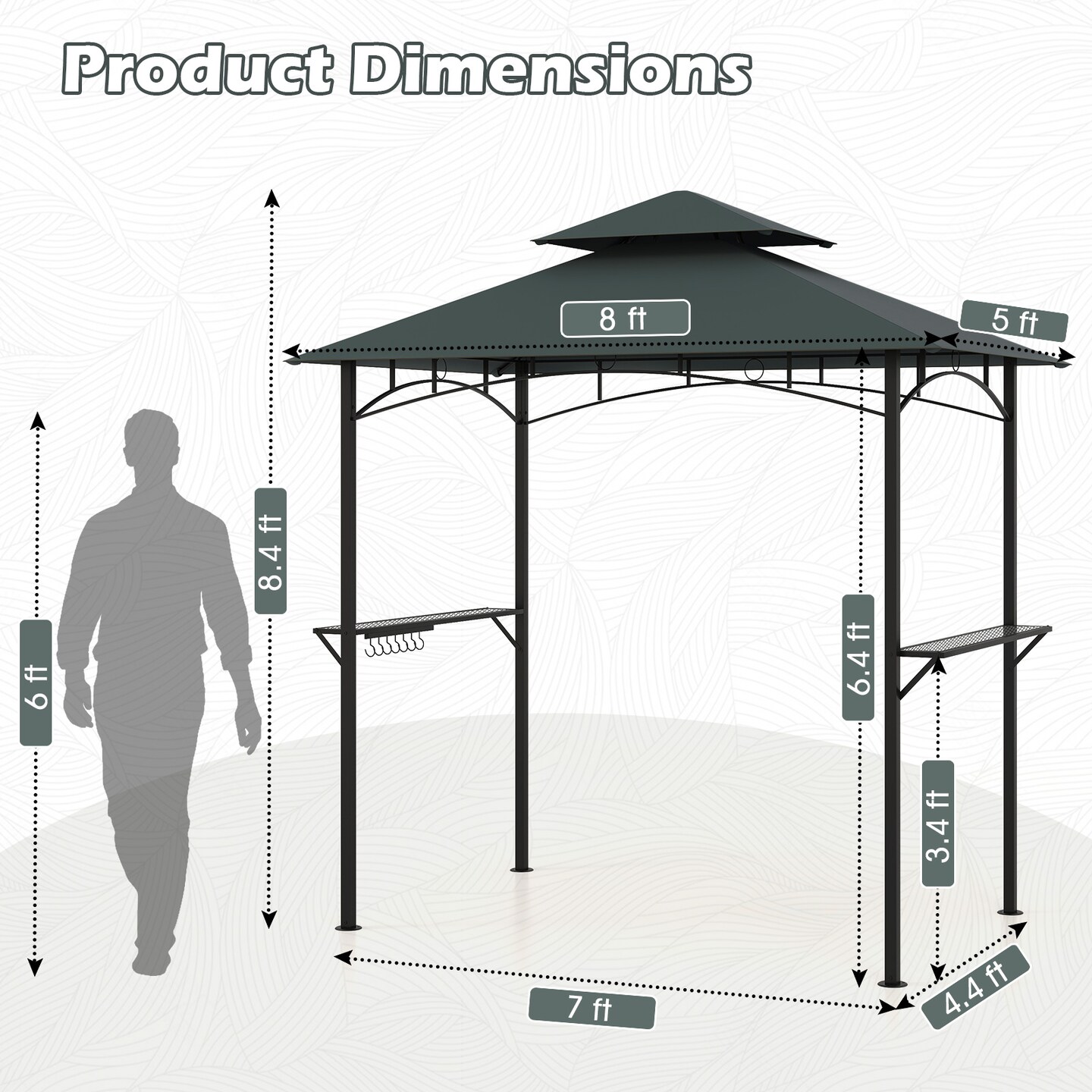 Multi-functional Outdoor Double-Tiered Grill Gazebo Canopy with 2 Side Shelves and 7 Hooks