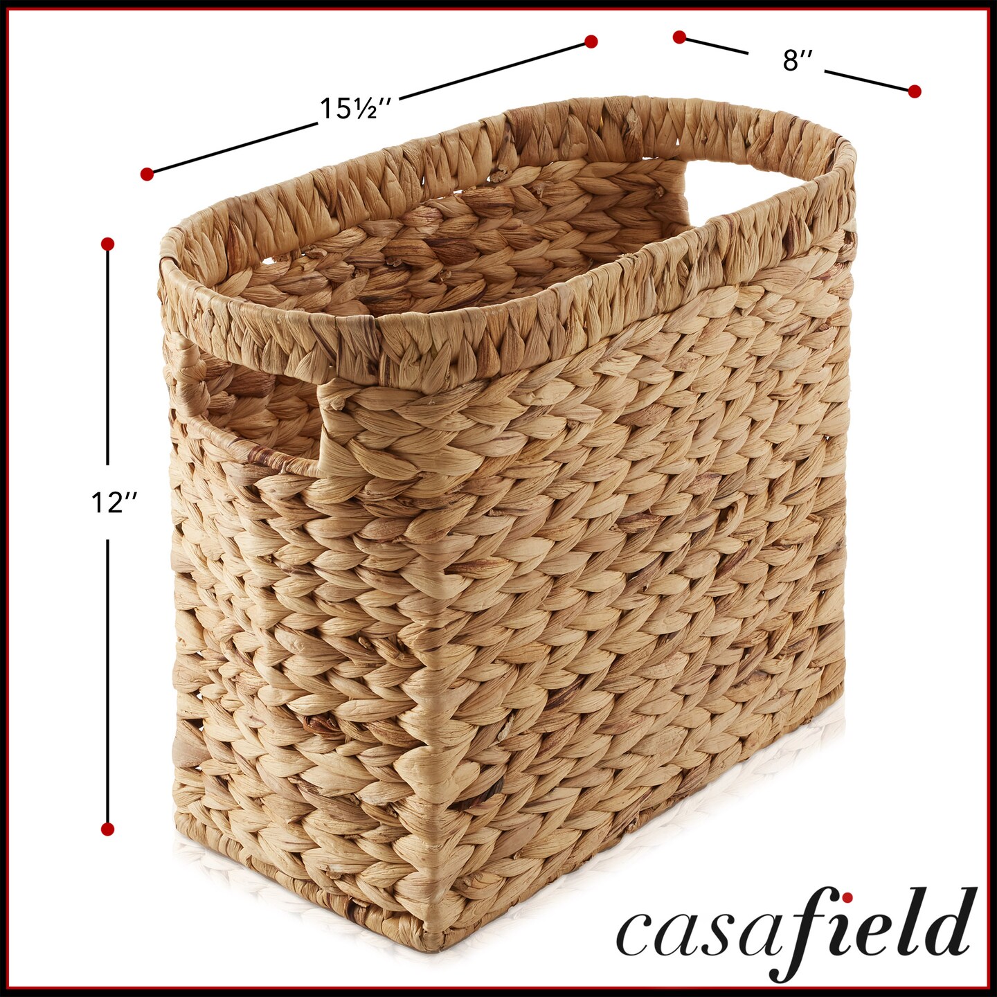 Casafield Woven Magazine Holder with Handles - Seagrass Water Hyacinth Storage Basket for Bathroom, Living Room, Home Office