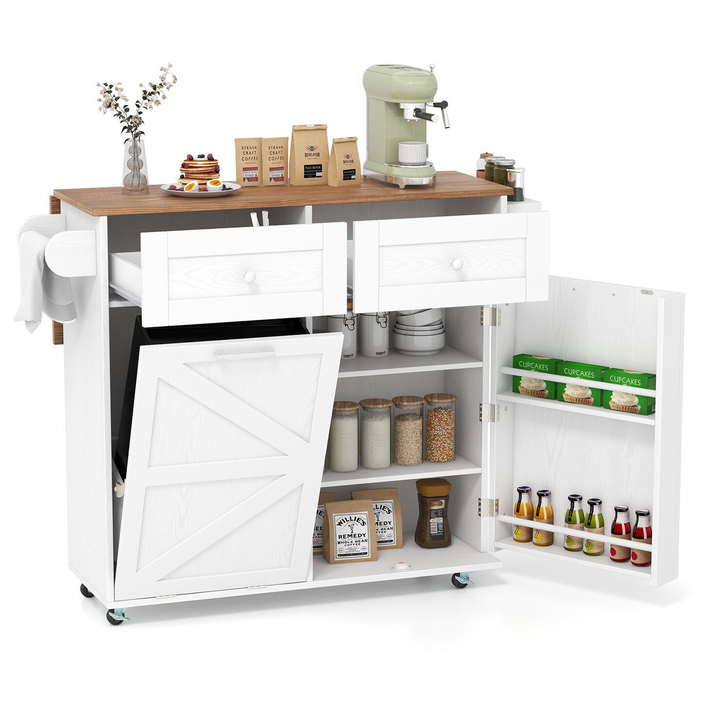 MDF Kitchen Island Cart with Drop Leaf, Trash Cabinet, Drawers and Lockable Wheels