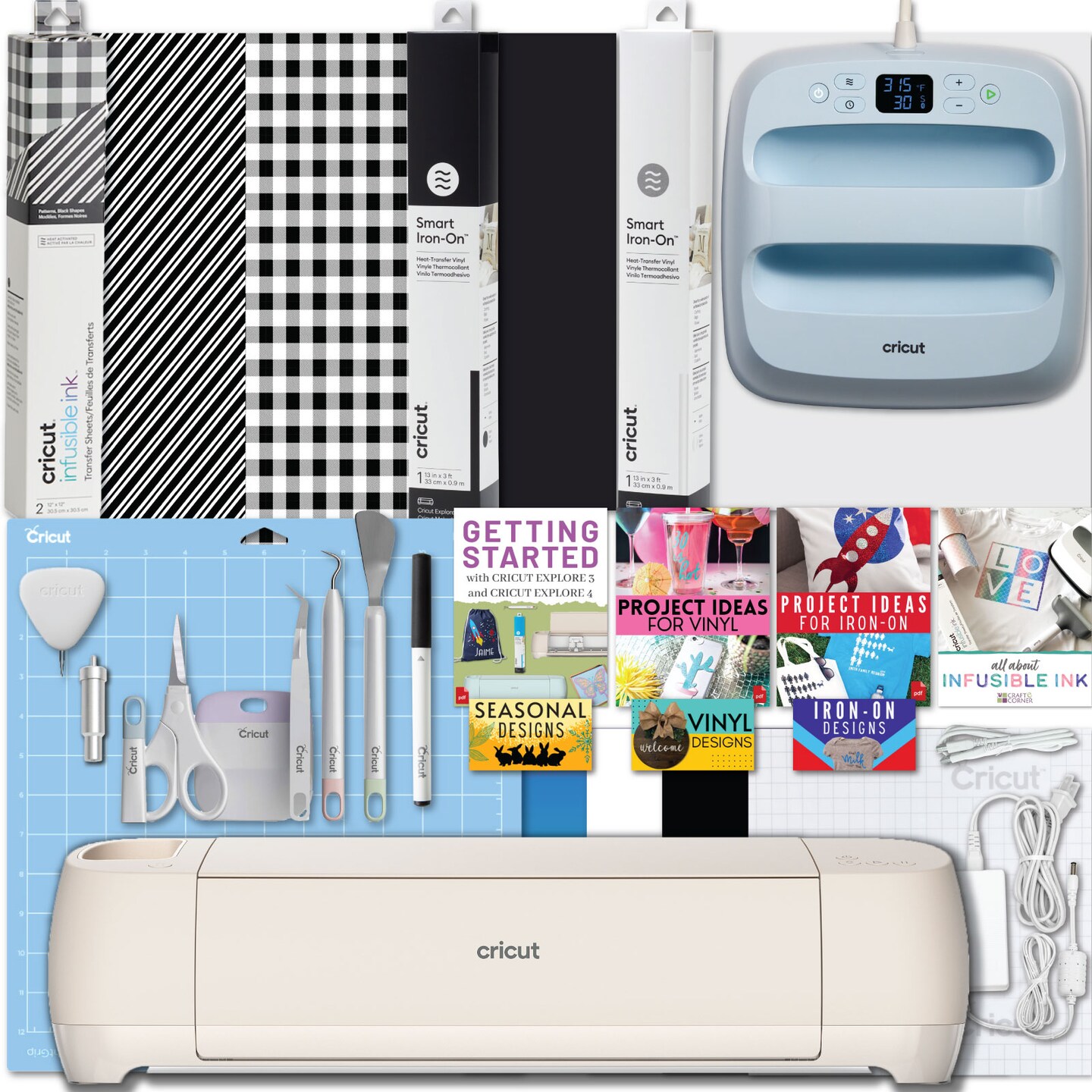 Cricut Explore 4 Cutting Machine and Easy Press 3 with Heat Transfer Vinyl Materials Bundle