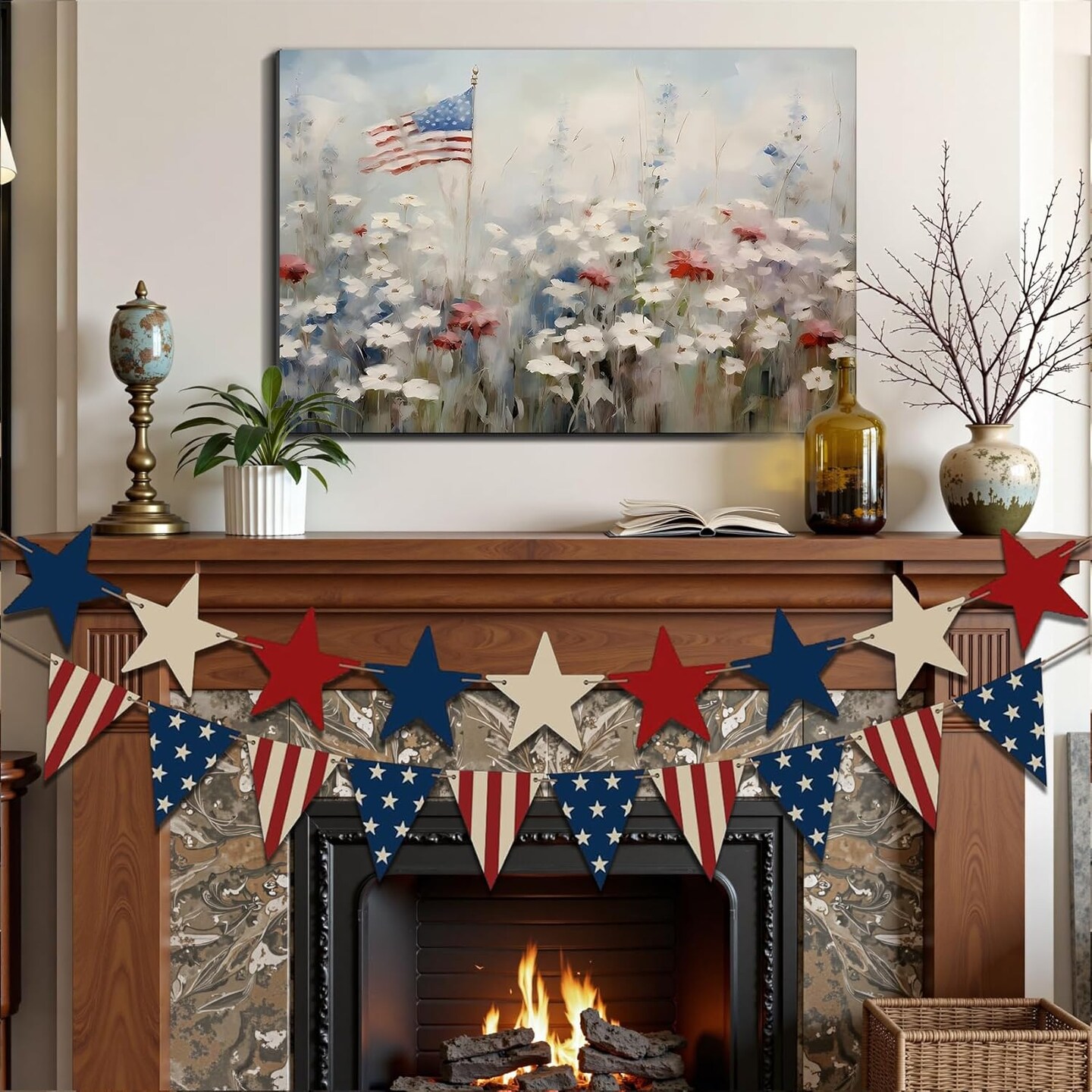 Modern American Flag Patriotic Canvas Wall Decor (Pic 1, 12L" x 8W")