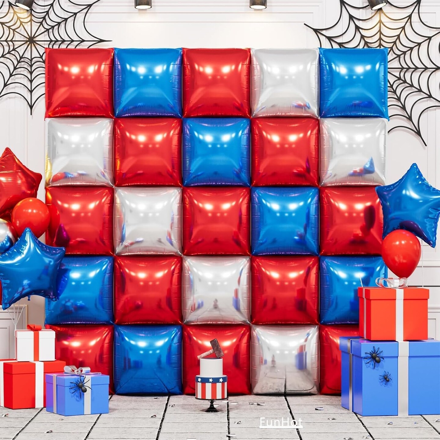 Metallic Red Blue and Silver Square Foil Balloon Wall,19 Inches Double Sided