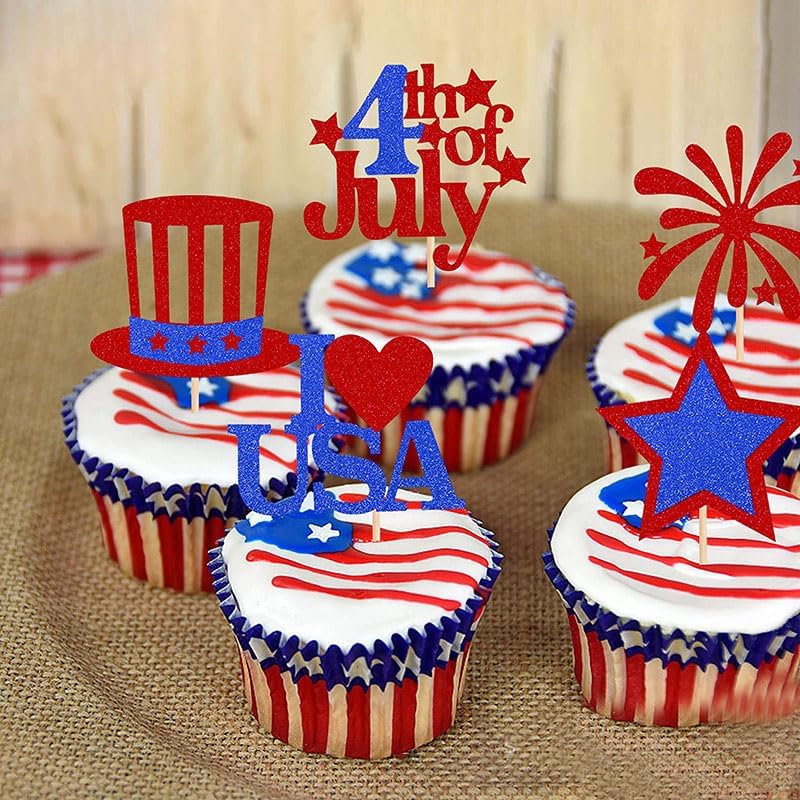 4th Of July Gillter Cupcake Toppers Decorations Patriotic Independence Day Party Supplies