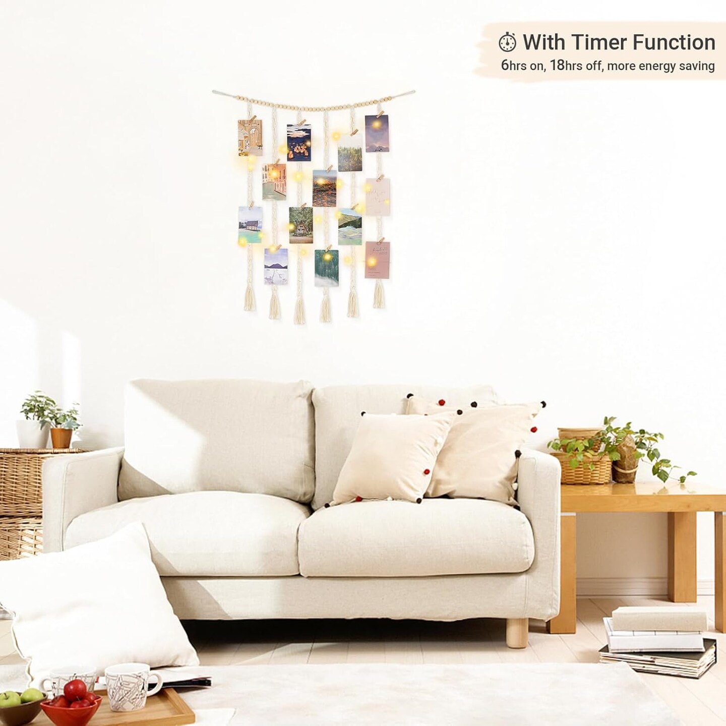 Macrame Hanging Photo Display Wall Decor with String Lights, 30 Clips for Bedroom