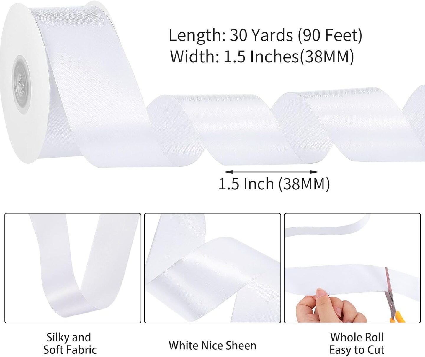 White Ribbon 1-1/2 inch 30 Yards White Satin Ribbon