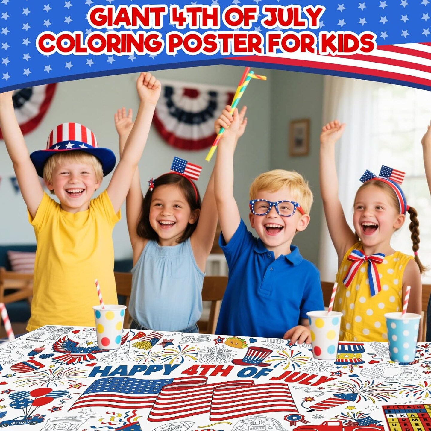 4th of July Coloring Tablecloth Poster Art and Crafts for Kids, Paper Coloring Banner
