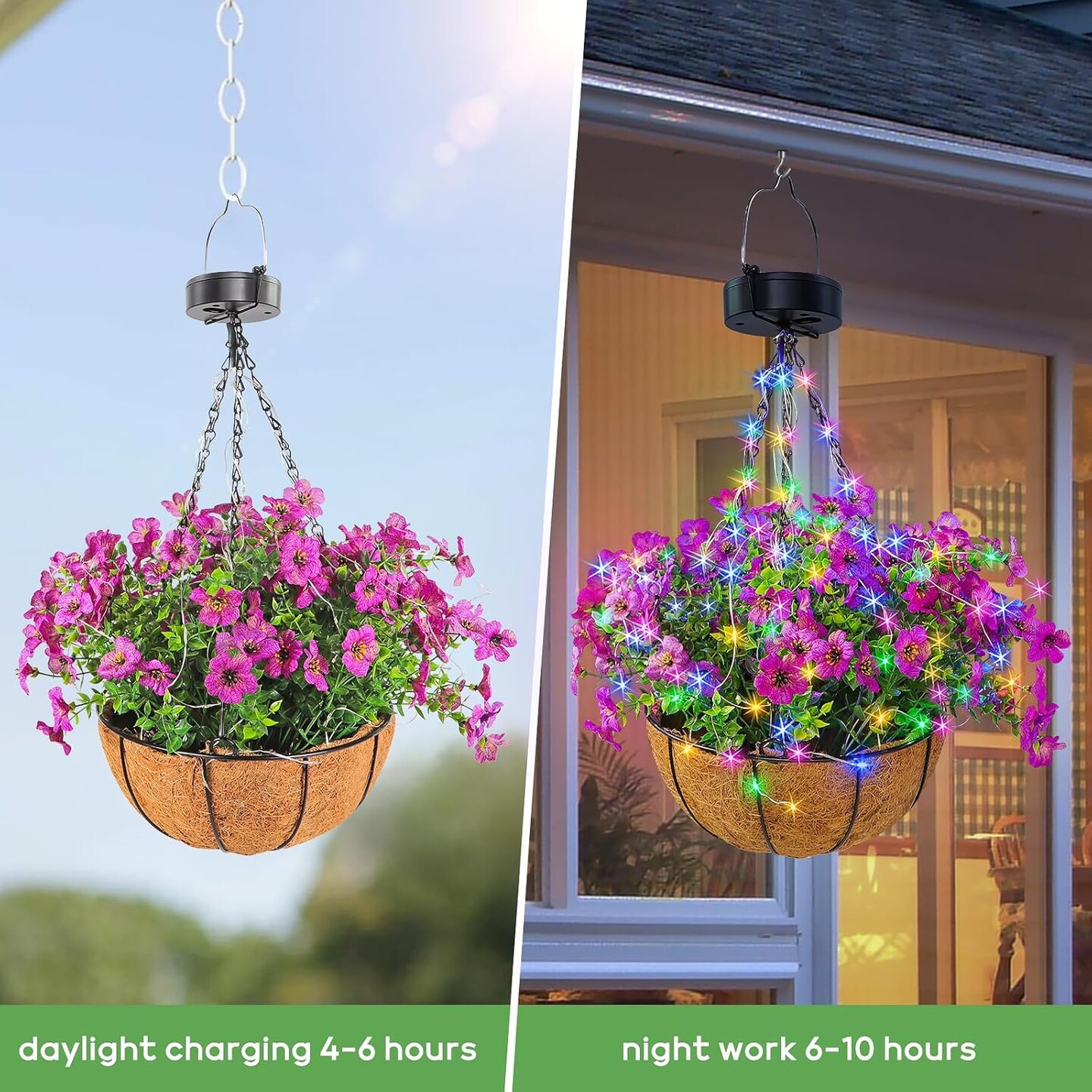Solar Hanging Flower Basket – 10” UV-Resistant Faux Flowers with Solar Lights Garden Decor (Purple)