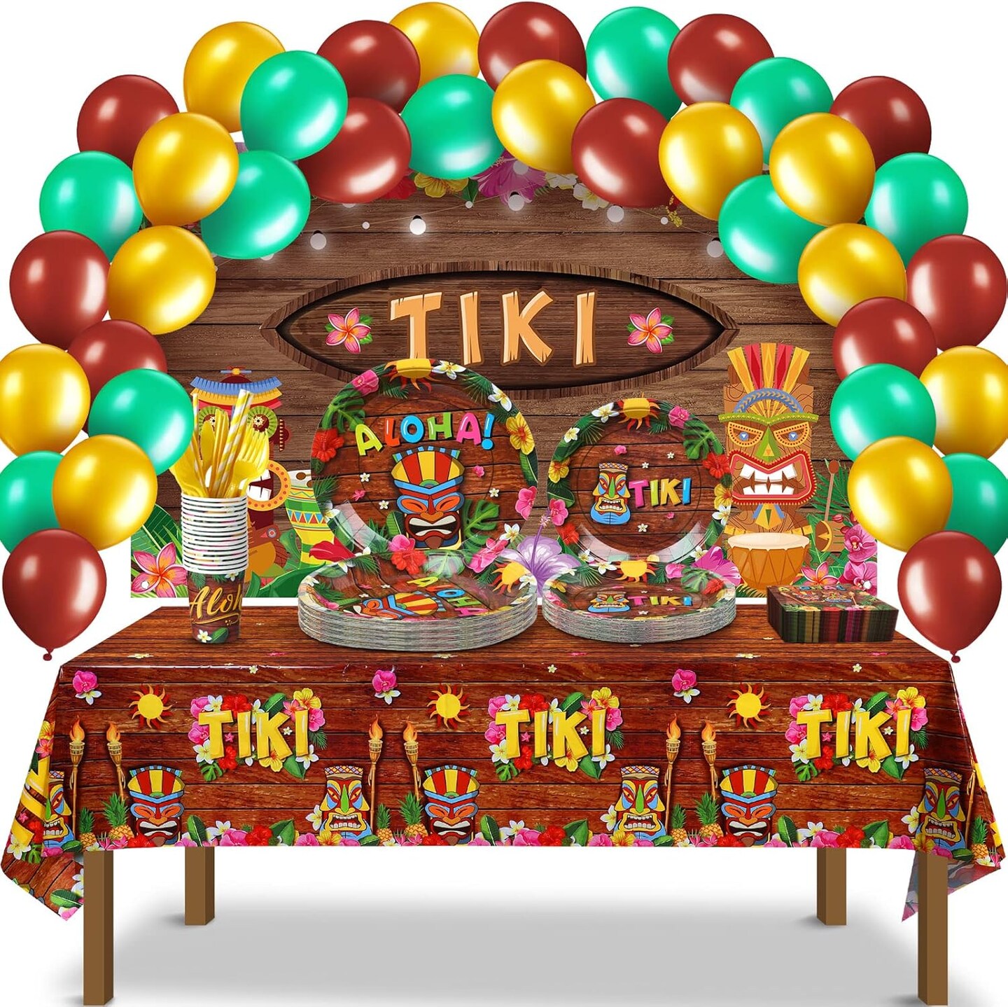 130 Pcs Hawaiian Summer Party Decorations Luau Plates and Napkins Party Supplies Tiki Paper Plates Aloha Hawaiian Tablecloth