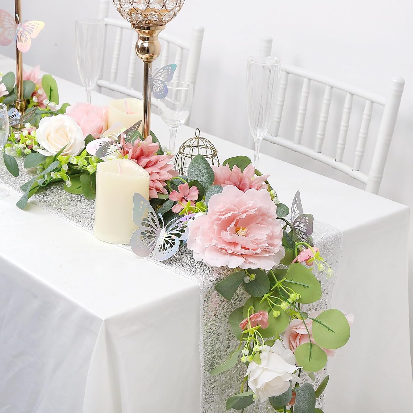 2 Pack 5.9 FT Artificial Flower Garland with Butterflies Fake Rose Garland - Dusty Pink