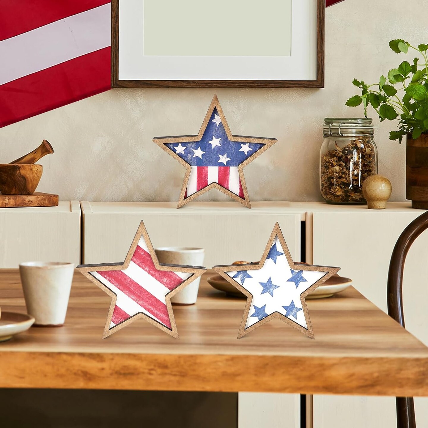 Set of 3 - 4th of July Decorations Wooden Stars Red White Blue