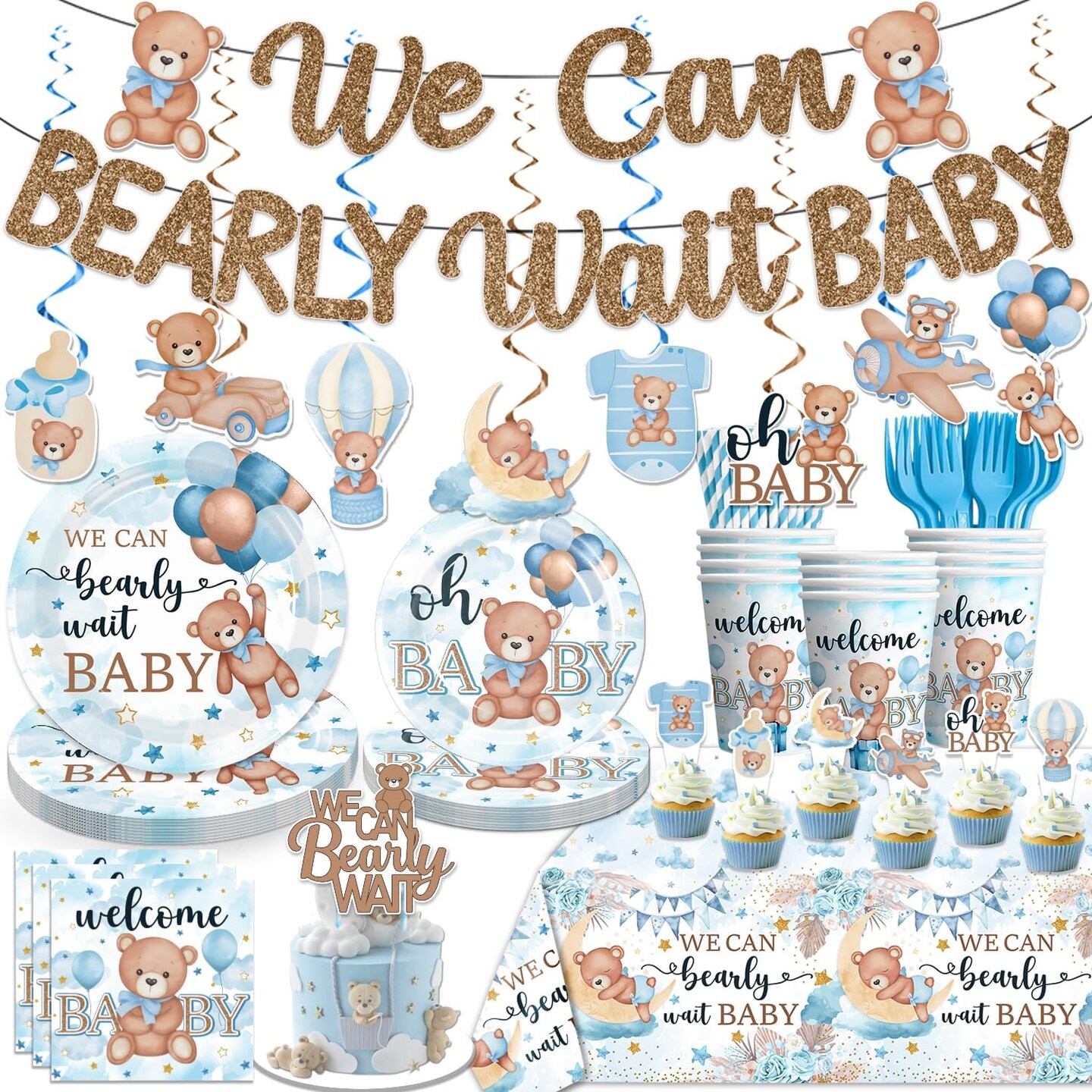186 Pcs Blue Baby Shower Decorations Boy Tableware Set Serves 25 Guests(Blue)