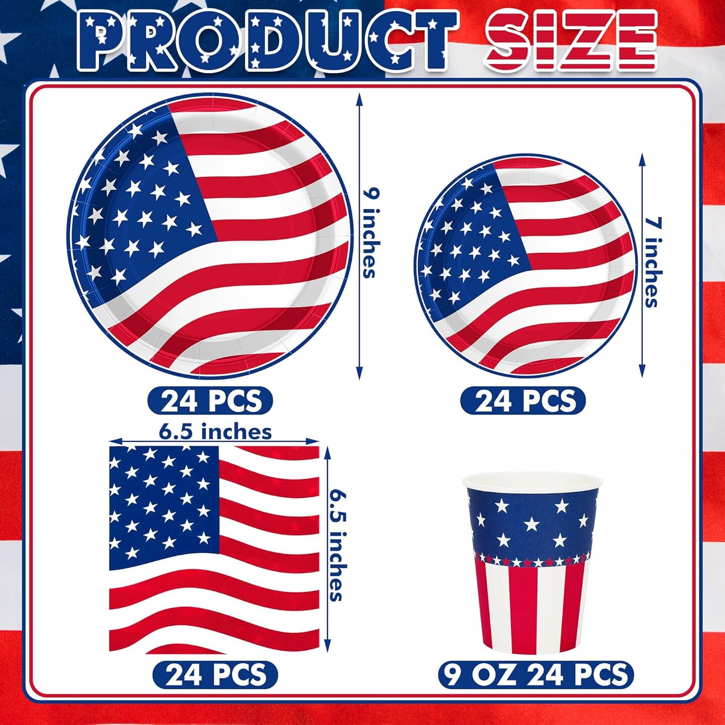 96PCS 4th of July Party Supplies – Plates, Napkins, Cups for 24 Guests, Patriotic Dinnerware Set