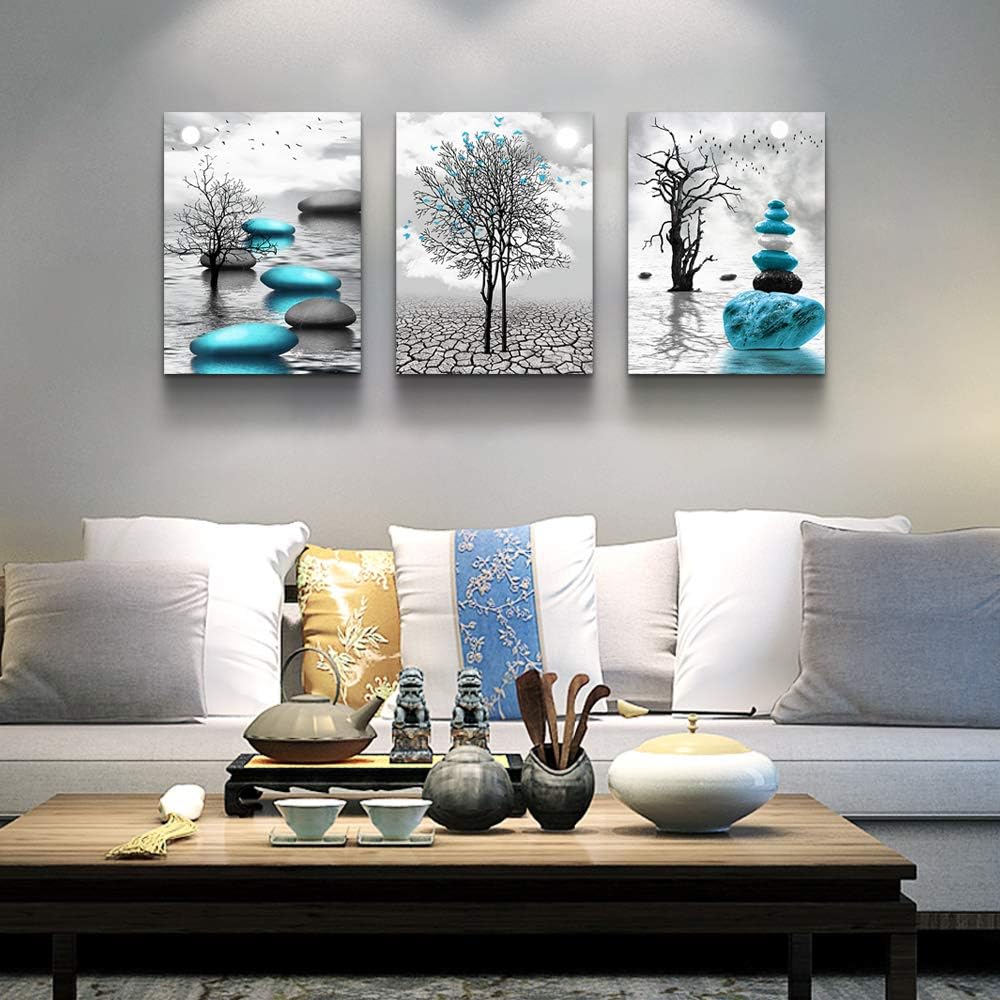 3 Piece Framed Canvas Art Prints Ready to Hang Inspirational Abstract Blue Pictures Home Decorations