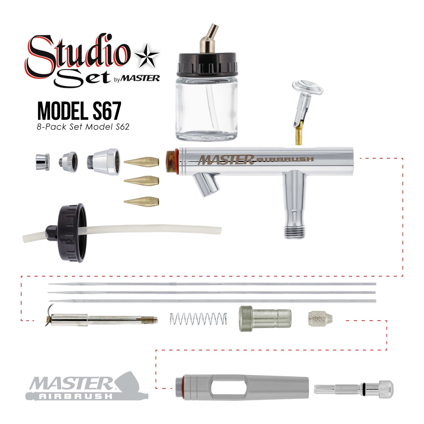 8 HI-FLOW All-Purpose Precision Dual-Action Siphon Feed Airbrushes with High Performance Airbrush Air Compressor with Air Storage Tank