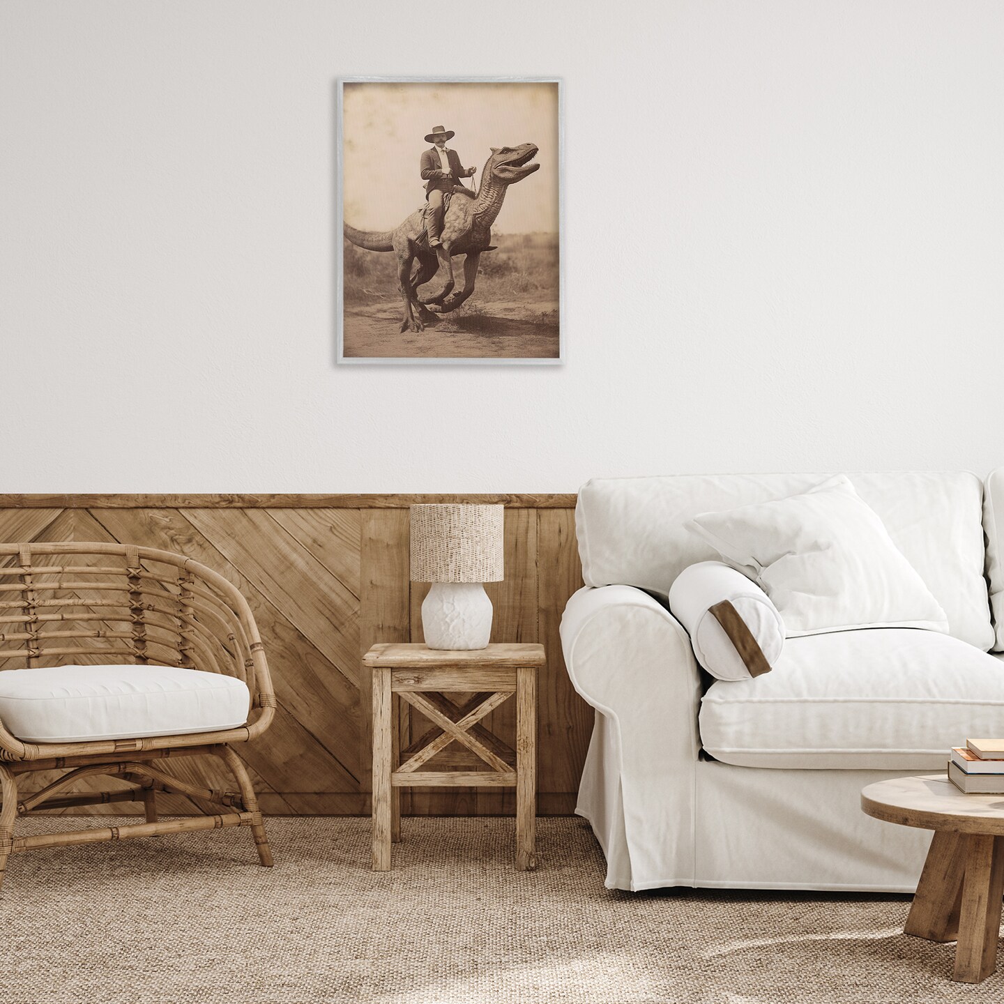 Stupell Industries Wild West Man Riding Dinosaur Framed Giclee By Lettered and Lined