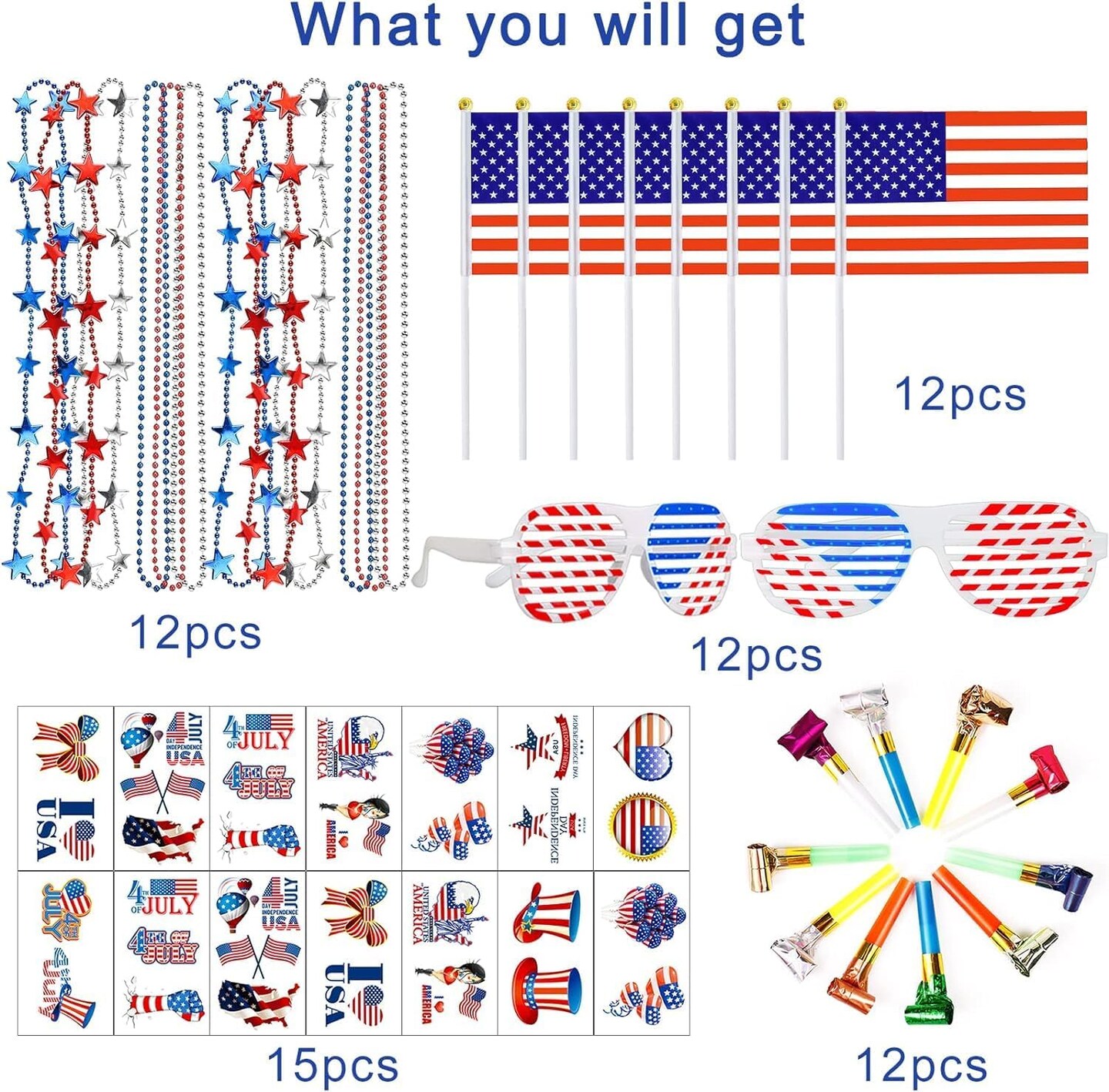 86PCS 4th of July Party Favors – Glasses, Necklaces, Flags, Blowouts & Tattoos
