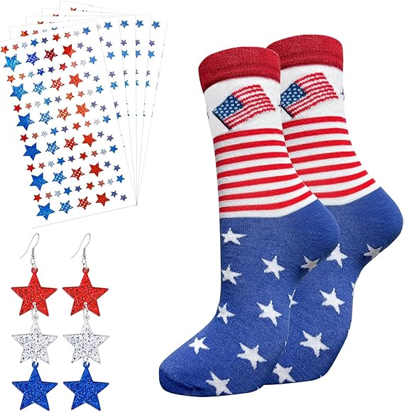 7pcs Patriotic Costume Accessories Set with Earring, Stickers, and American Flag Socks