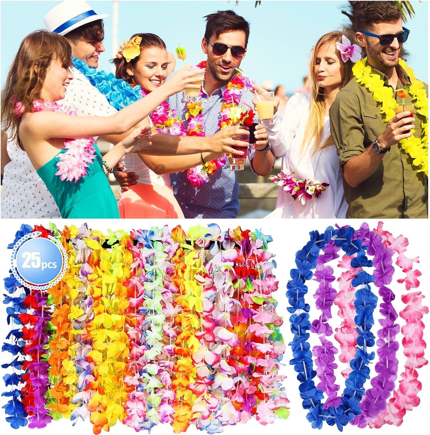 25pcs Leis for Luau Party - Colorful Hawaiian Leis Bulk Tropical Flower Lais Hawaii Decor for Summer Beach Pool Decoration Favour Supplies