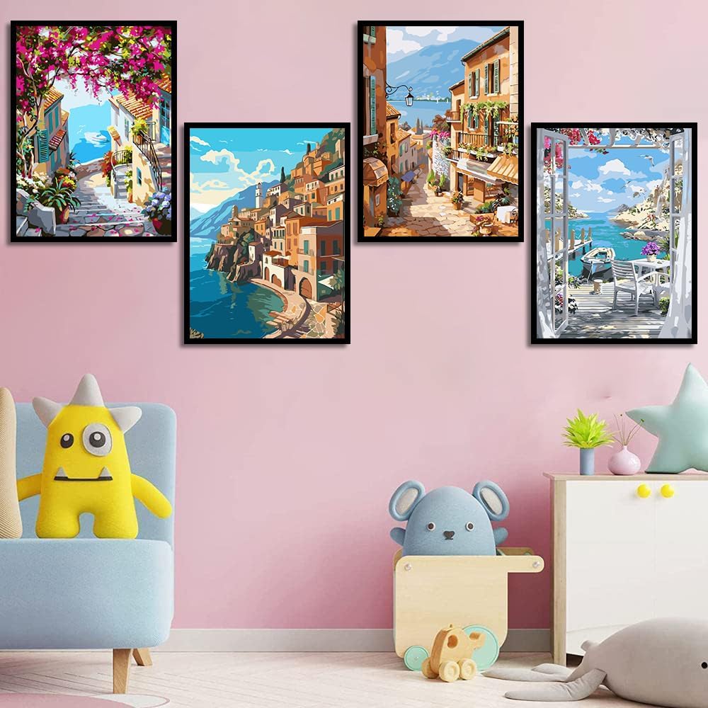 (12x16 inch)4 Pack Paint by Number for Adults Canvas, DIY Landscape Paint by Number Kits on Canvas