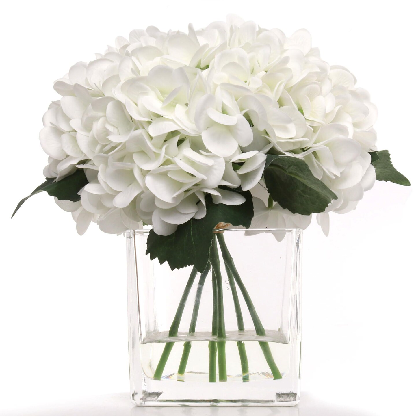 8-Pack White Hydrangea Arrangements | Faux Flowers in Glass Vases with Water Illusion – Bulk Elegant Home & Event Decor