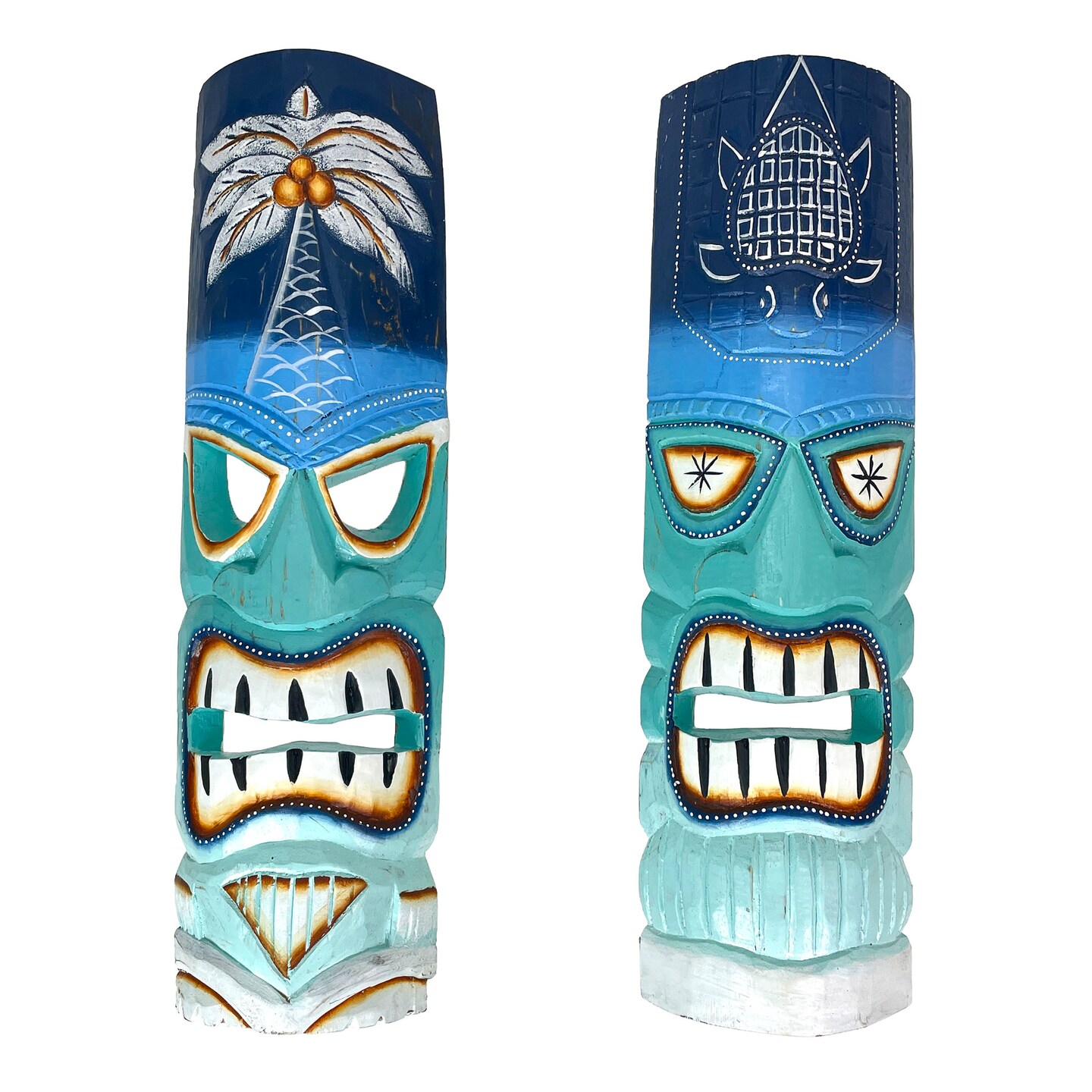 Set of 2 - Tiki Masks Hand-Carved Wood Wall Decor Indoor/Outdoor