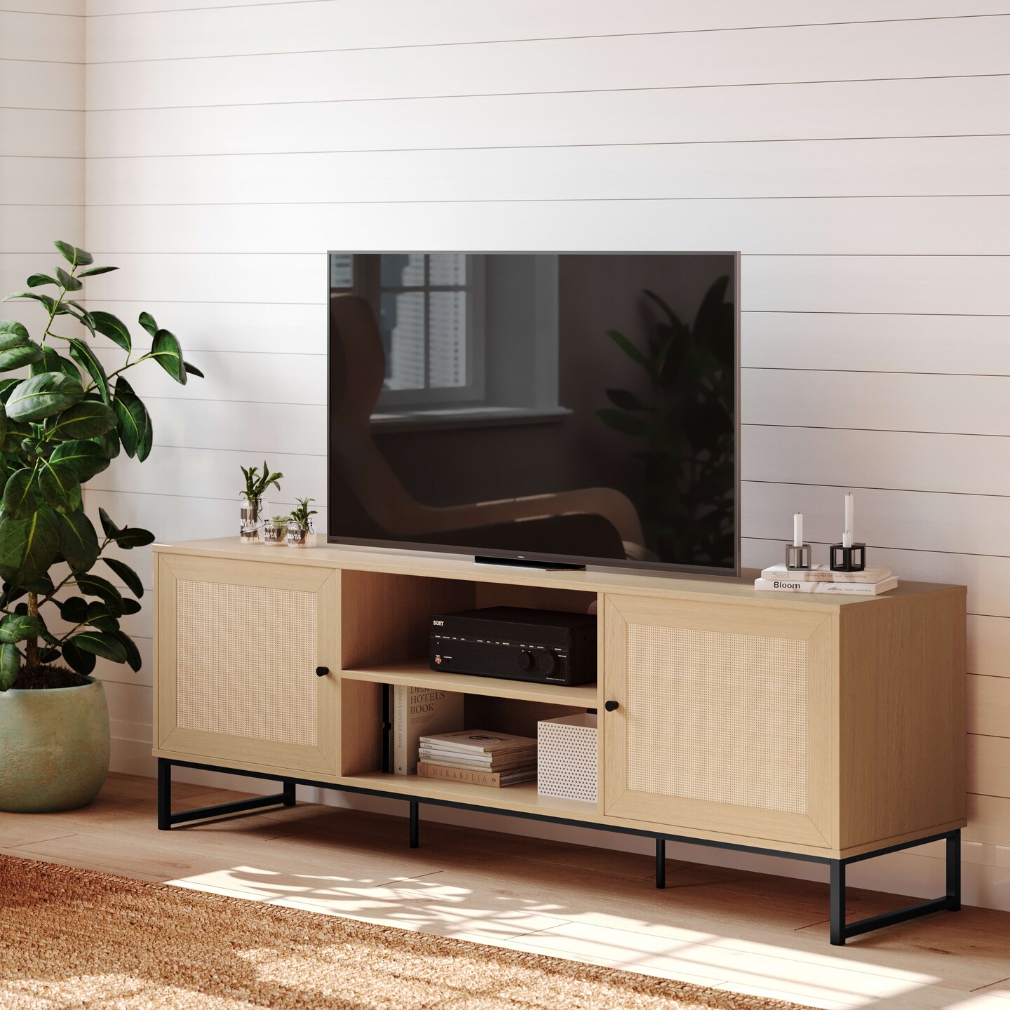 Merrick Lane Burkett 65" Mid-Century Modern TV Stand Made with Durable Engineered Wood Accommodates up to 70" TV's