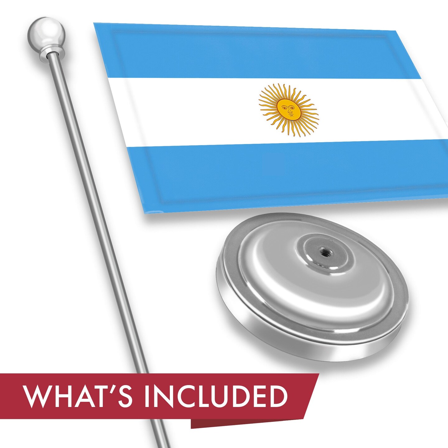G128 Argentina Argentinian Deluxe Desk Flag Set | 8.5x5.5 In | Printed 300D Polyester, with Silver Dome and Base, 15" Metal Pole, Decorations For Office, Home and Festival Events Celebration