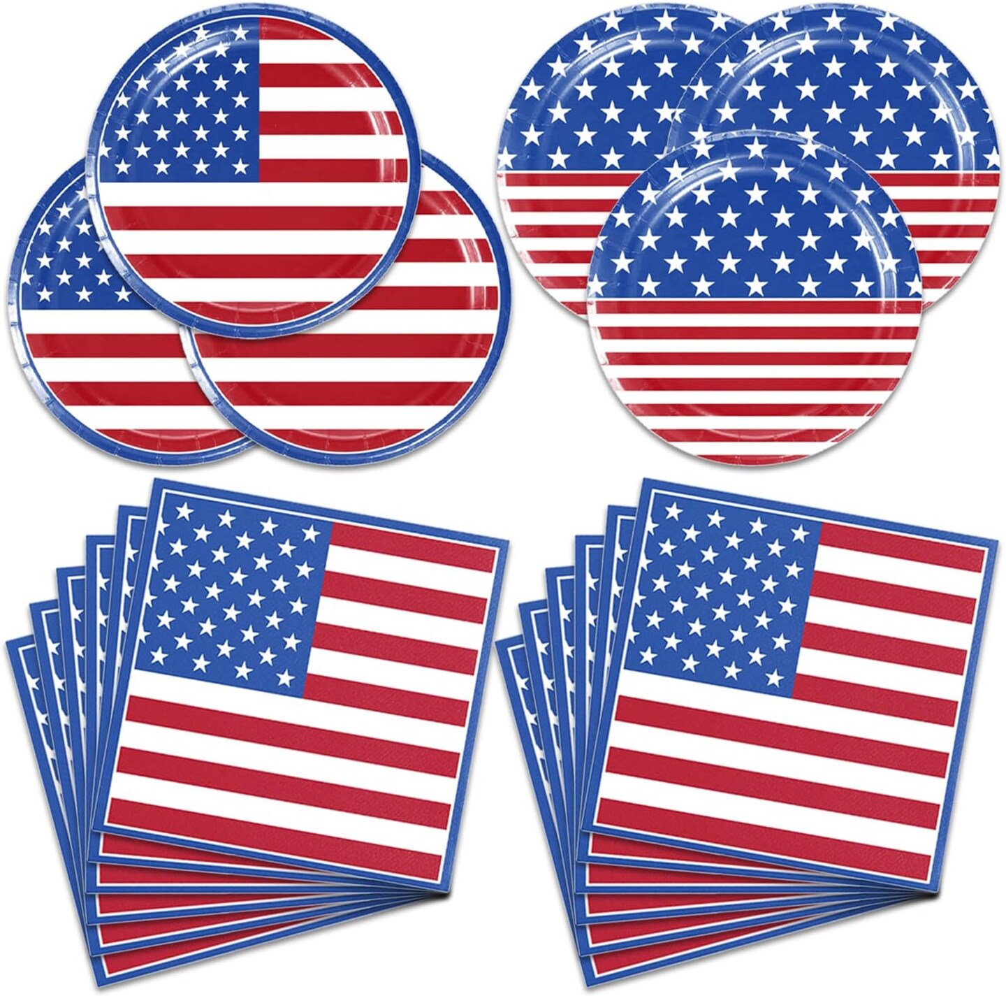 48Packs 4th of July Party Supplies include 24 plates, 24 napkins