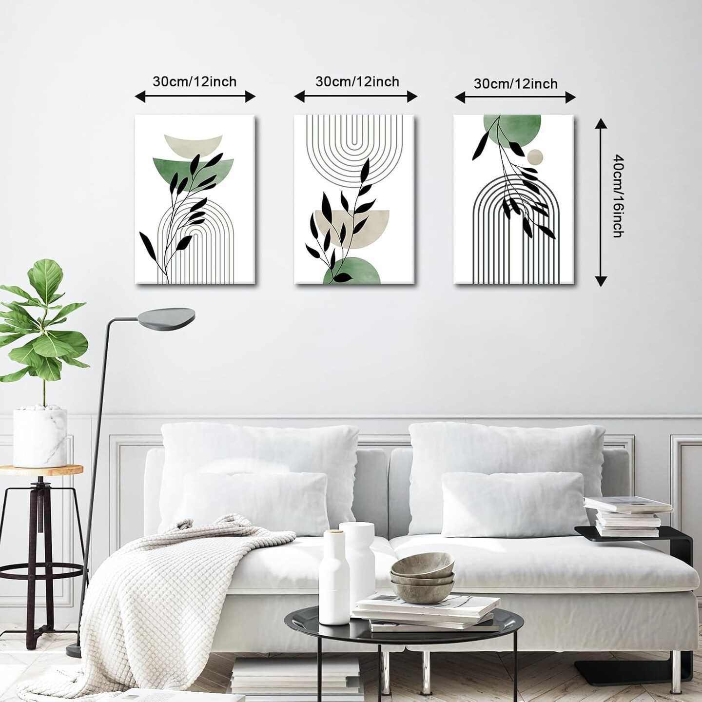 Boho Sage Green Canvas Wall Art Set of 3