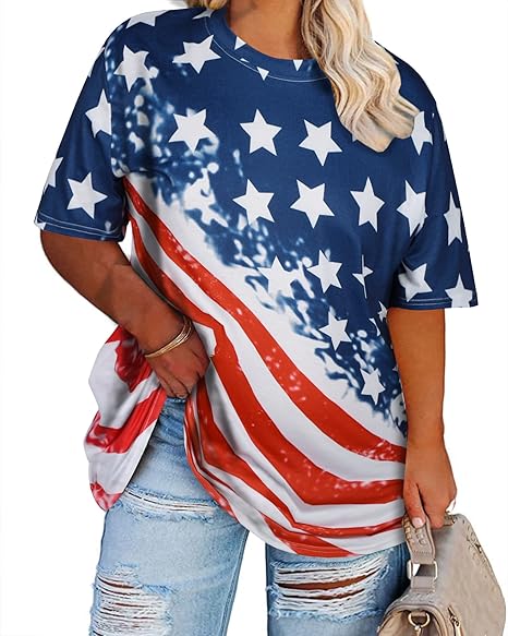 Plus Size American Flag Shirt Women 4th of July Tee Shirt USA Stars Stripes T-Shirt
