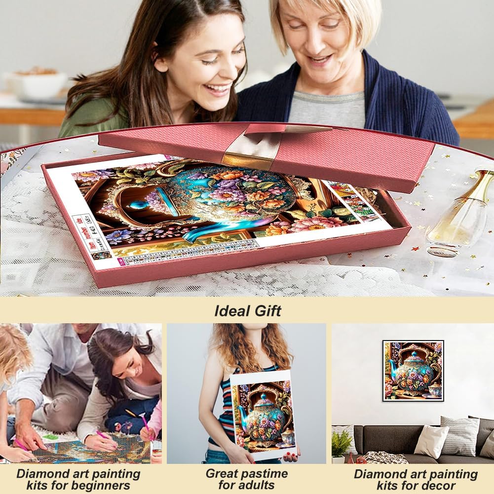 5D Colorful Teapot Diamond Art Painting Kits for Adults,Flower Diamond Art for Beginners, DIY Full Drill Teacup Diamond Art Painting(12X12 inch)