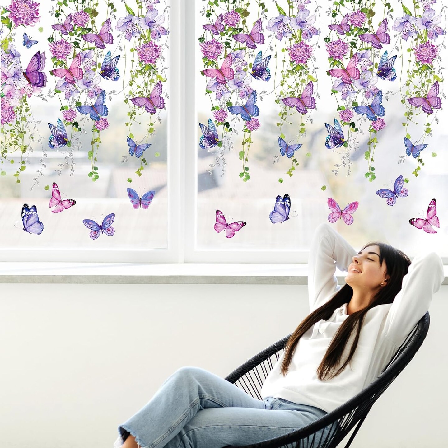 4 Sheet Spring Purple Floral Window Clings Watercolor Hanging Flower